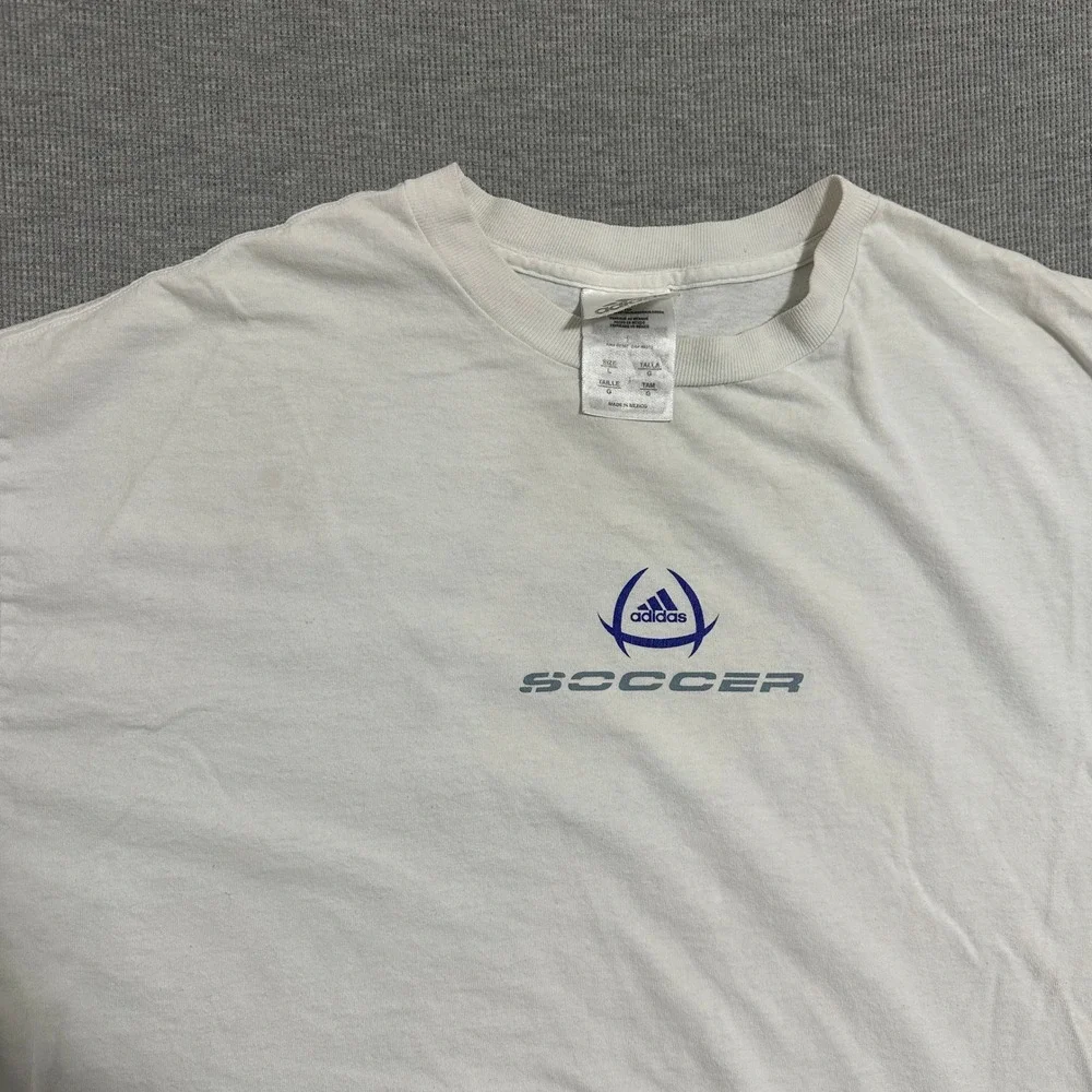 Vintage Adidas Soccer Graphic T-Shirt Mens Large White Y2K Short Sleeve Tee